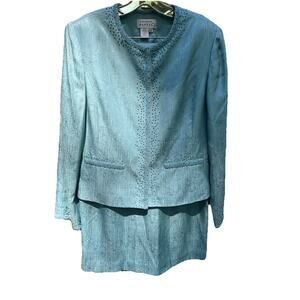 Adrianna Papell Women’s Gray Blue Size 12 100% Silk Skirt Suit Beaded 2 Pc Set